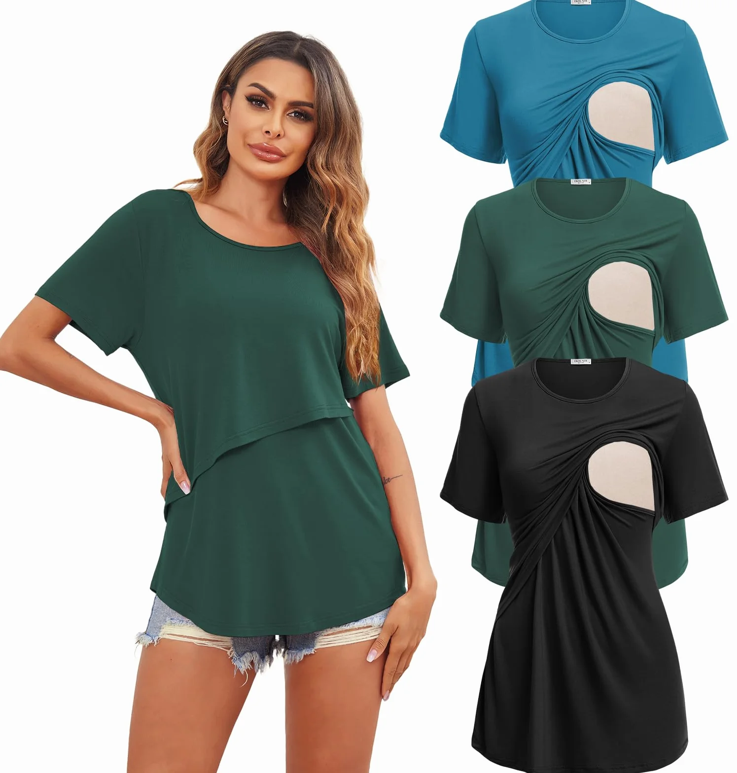 Ekouaer Confezione da 3 Magliette da Allattamento da Donna Manica Corta Gravidanza T-Shirt Estivi
