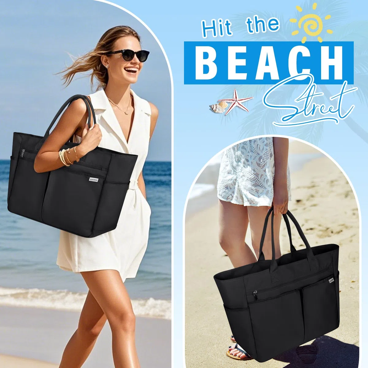 IGOLUMON Borsa Mare Donna Grande XXL Famiglia Borsa Spiaggia con Cerniera Capacità 40L Pieghevole Borse Tote per Mare Viaggio Shopping Nero