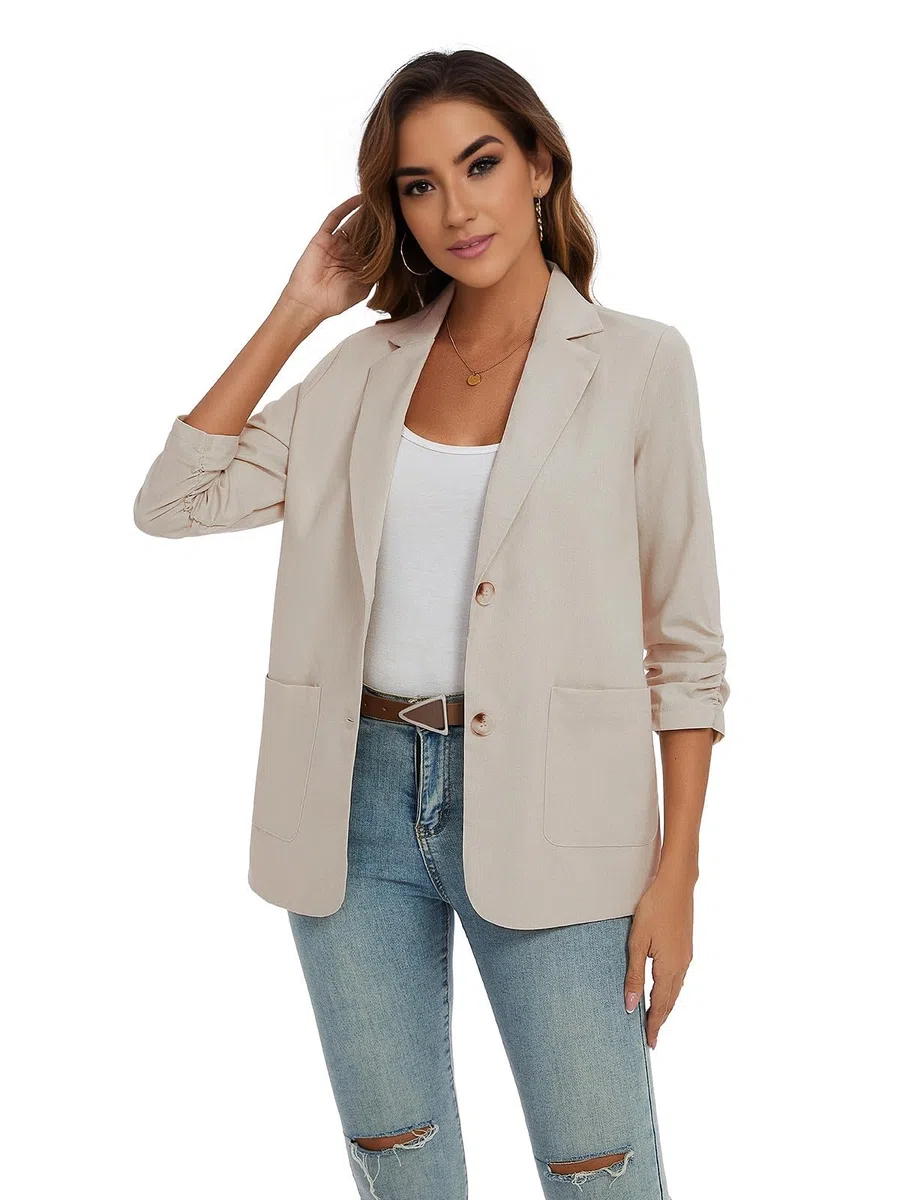 Blazer da donna a 3/4 con maniche increspate in cotone e lino, leggero, estivo, giacche eleganti con tasche con bottoni
