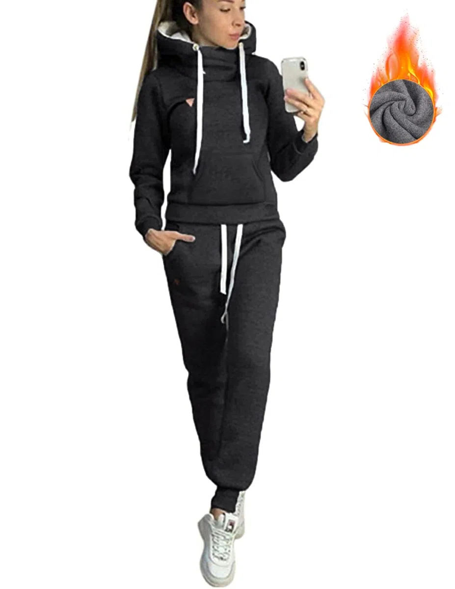 Tuta Donna Sportiva Completa Felpa Cappuccio Collo Alto & Pantaloni 2 Pezzi Completo Sportivo Autunno Inverno