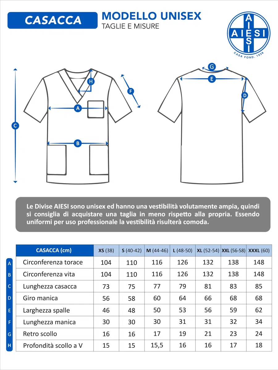 AIESI® Divisa Sanitaria uomo donna in cotone 100% sanforizzato pantaloni e casacca scollo a V