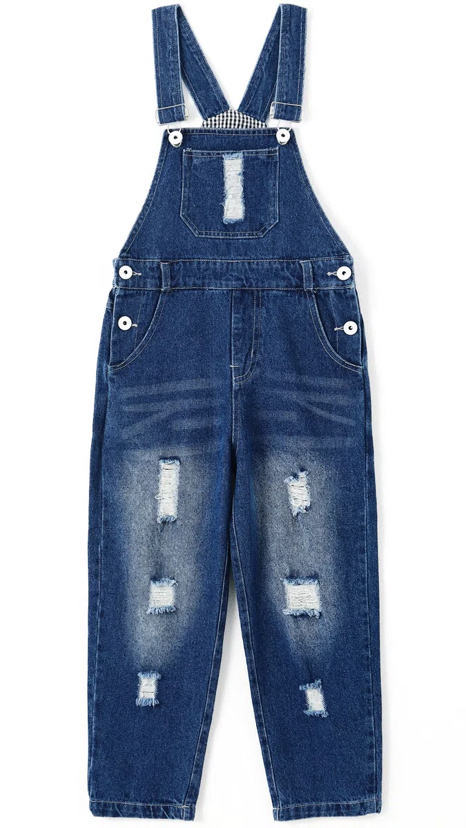 KIDSCOOL SPACE Kid Boy Girl Tasca con bavaglino piccola Cinghie regolabili Salopette di jeans, maglione strappato carino in denim