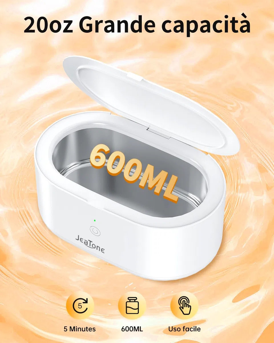 JeaTone Pulitore Ultrasuoni, Pulitore a Ultrasuoni da 600 ml Pulitore Ultrasuoni Apparecchio Denti a 46KHz, Professionale Portatile ad Pulitore Ultrasuoni Gioielli per Protesi, Occhiali, Orologi