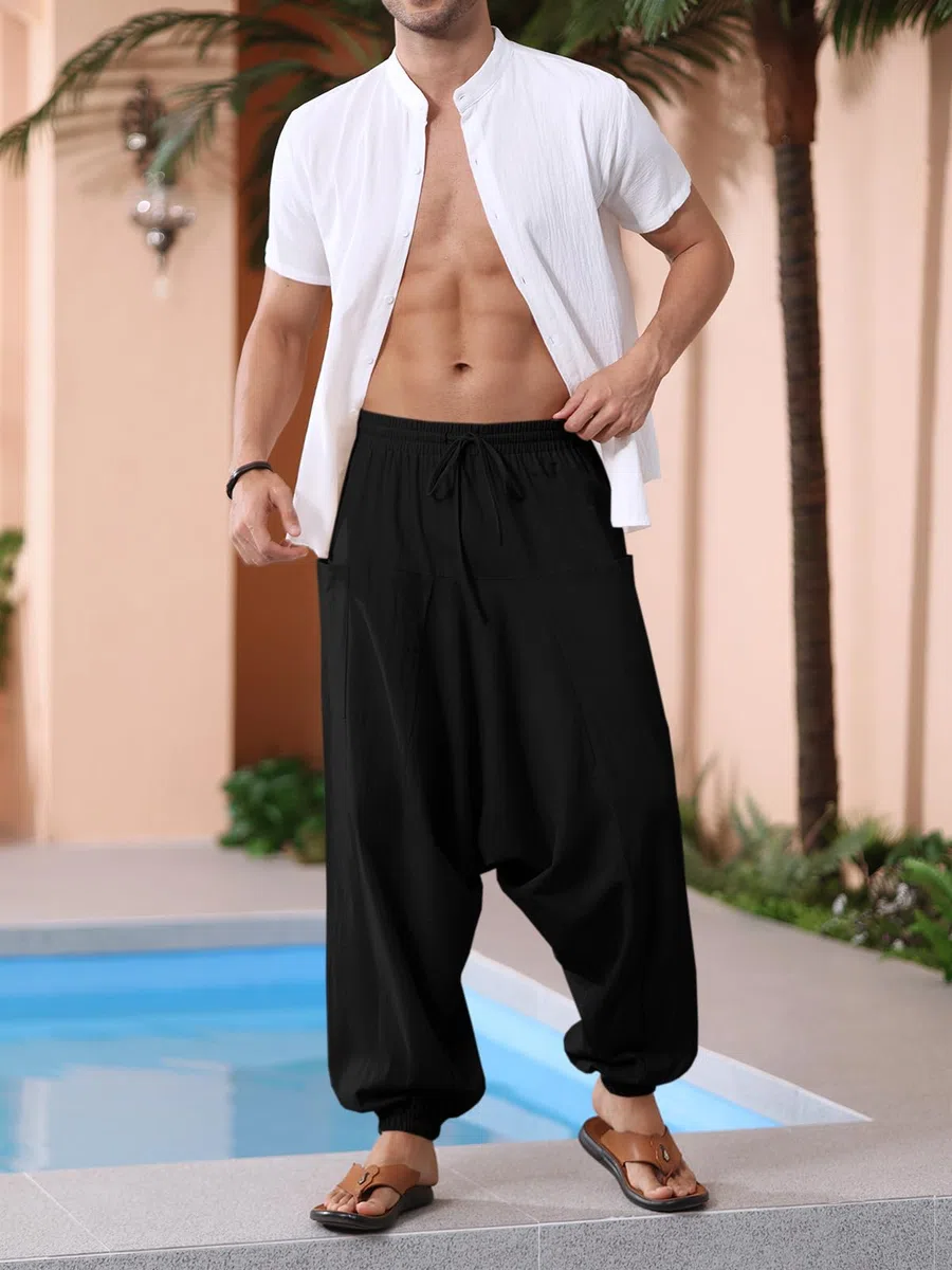 Runcati Pantaloni harem da uomo in cotone baggy hippie, casual, in lino, da spiaggia, da cavallo profondo