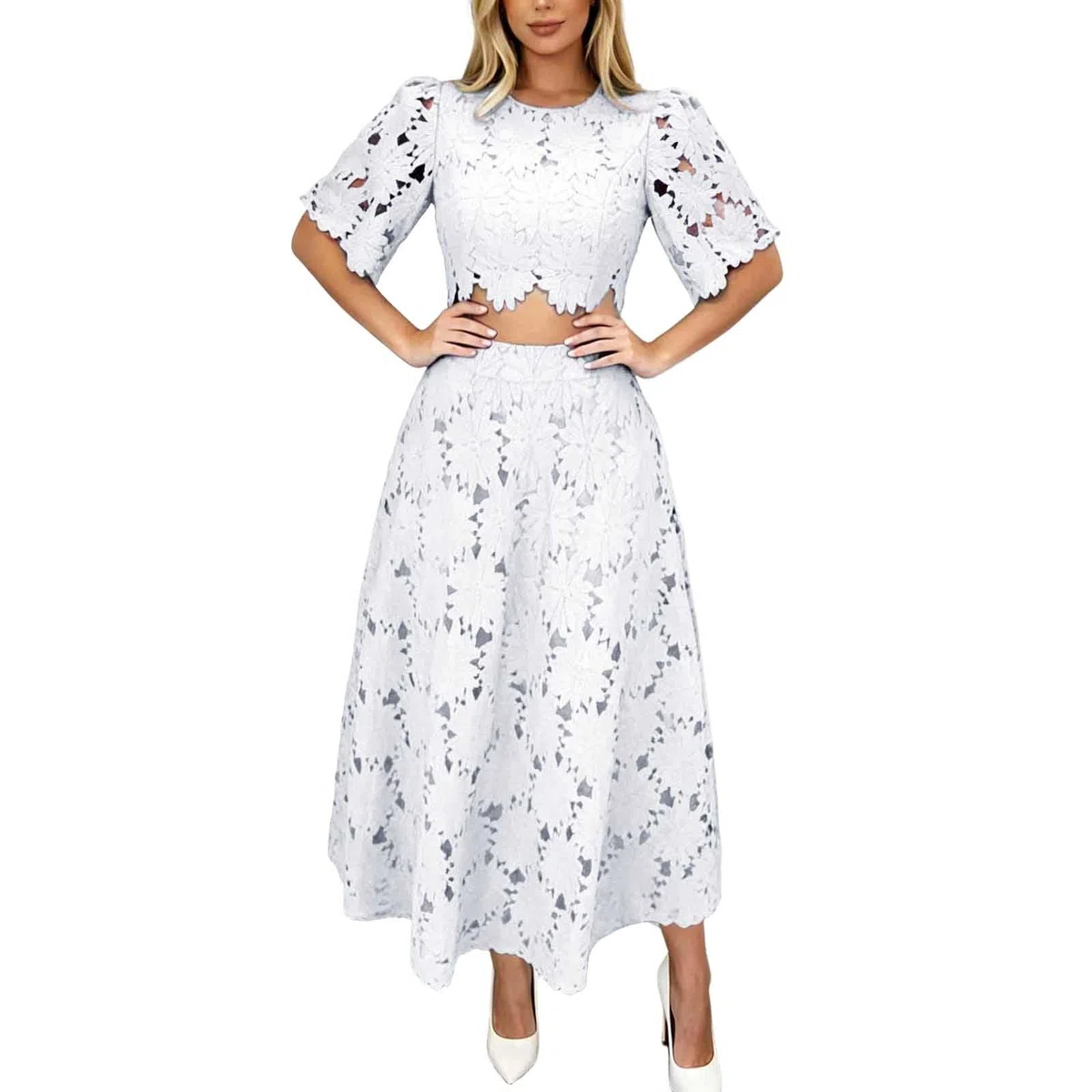 Set Da Donna 2 Pezzi Chic Ed Elegante Estate Top Pizzo Manica Corta Bohemia E Gonna Lunga Curvy Moda da Casa Completo Elegante Da Sposa Principessa Leggeri Traspiranti per Viaggio Matrimoni