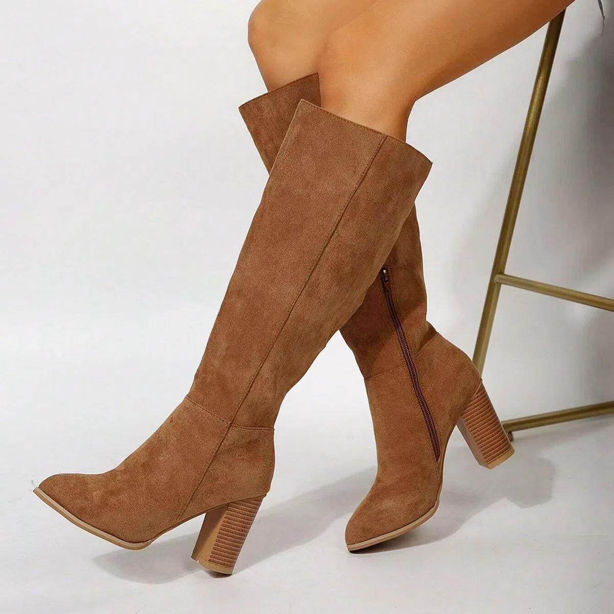 Stivali larghi da donna Slouchy con tacco a gambo lungo, stivali alti da cowboy, stivali da donna in pelle scamosciata