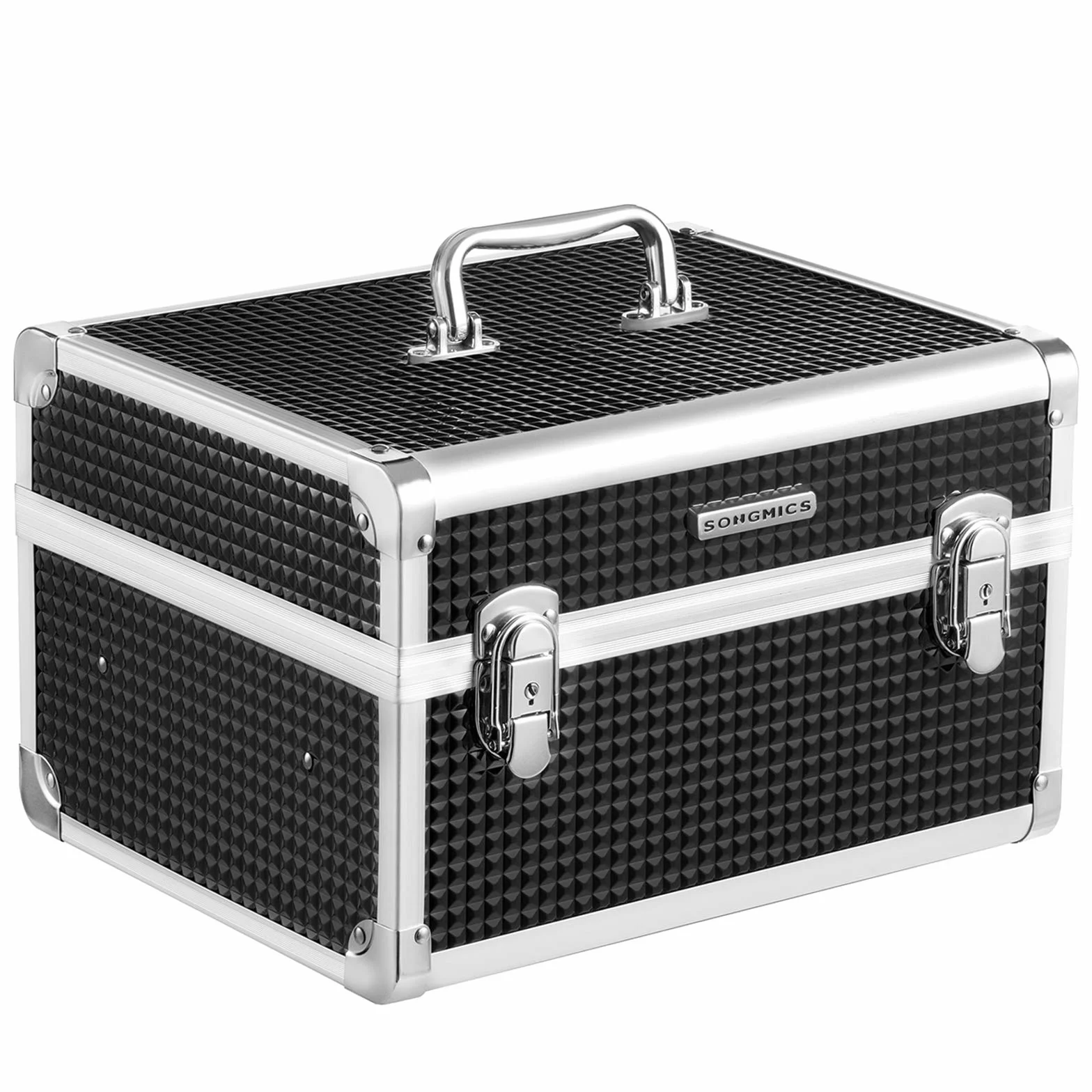 SONGMICS Valigetta per Cosmetici, Beauty Case Professionale, Cofanetto da Viaggio Porta Trucchi per Parrucchieri e Truccatori, con Vassoio Rimovibile e Serrature, Nero JBC328B01
