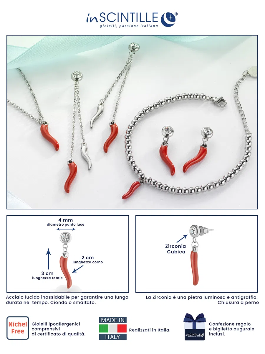 inSCINTILLE Orecchini Pendenti Corno Portafortuna con Punto Luce in Zirconia Cubica – Acciaio Inossidabile Anallergico – Corni Rossi – Made in Italy – Idea Regalo Donna
