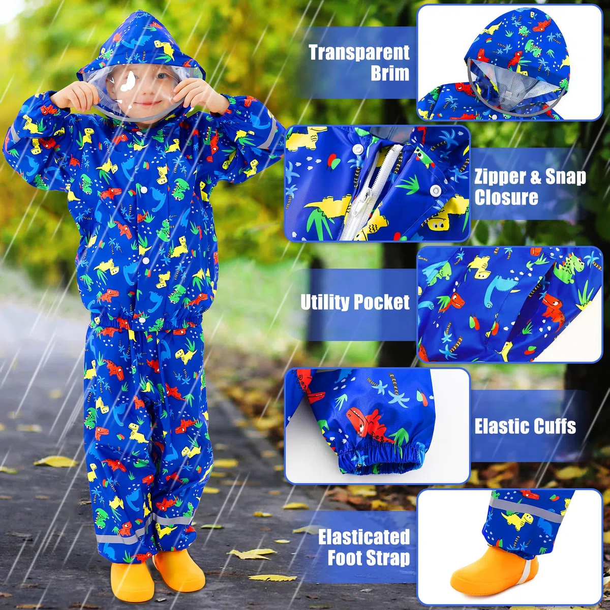 Tuta Impermeabile Bambino Bambina Giacca & Pantaloni Antipioggia Leggero Traspirante Tuta Pioggia Riflettente Completo Antipioggia con Cappuccio Ragazzi Ragazze 1-7 Anni, 86-122