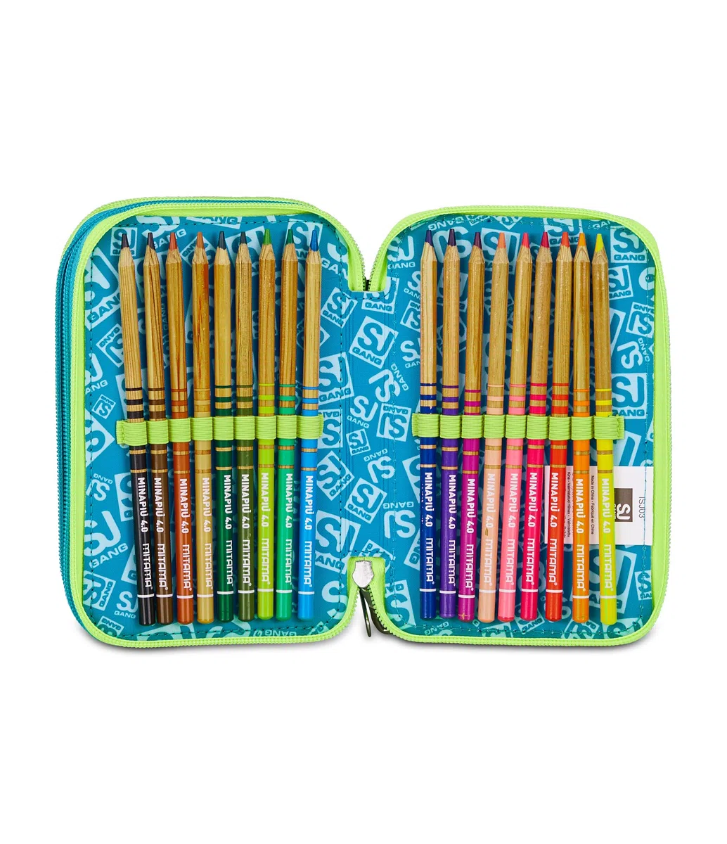 SJ GANG STYLE JAM GANG Astuccio Scuola 3 Zip, Blu, Portapenne Triplo Scomparto Completo Di Penne, Matite, Colori, Accessori Zaino, Scuole Elementari, Bambino