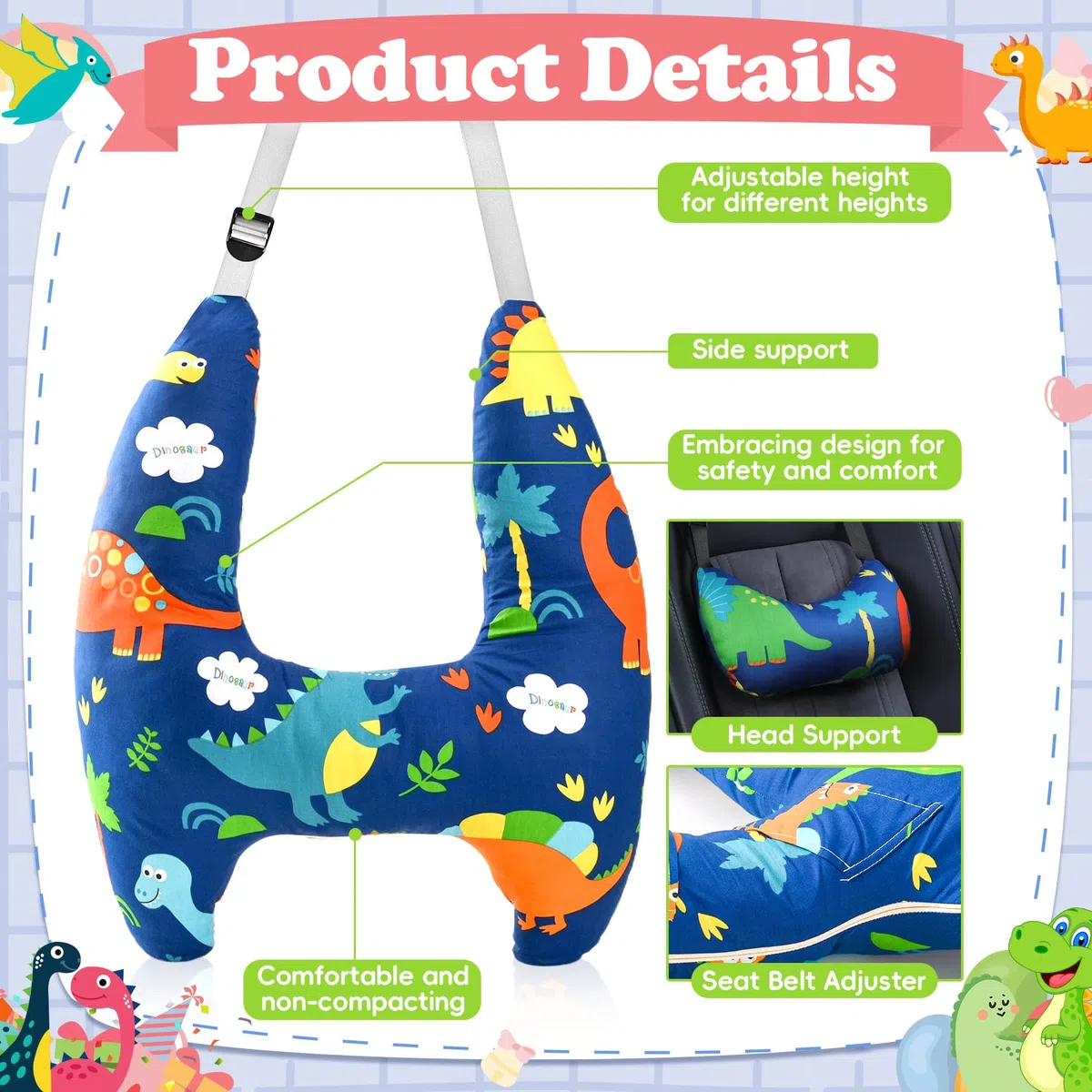 Cuscino Auto Bambini, Cuscino Auto per Bambini a Forma di H, Cuscino da Viaggio per Bambini in Auto, Lavabile, Regolabile e Traspirante, per I Lunghi Viaggi in Auto (Dinosauro)
