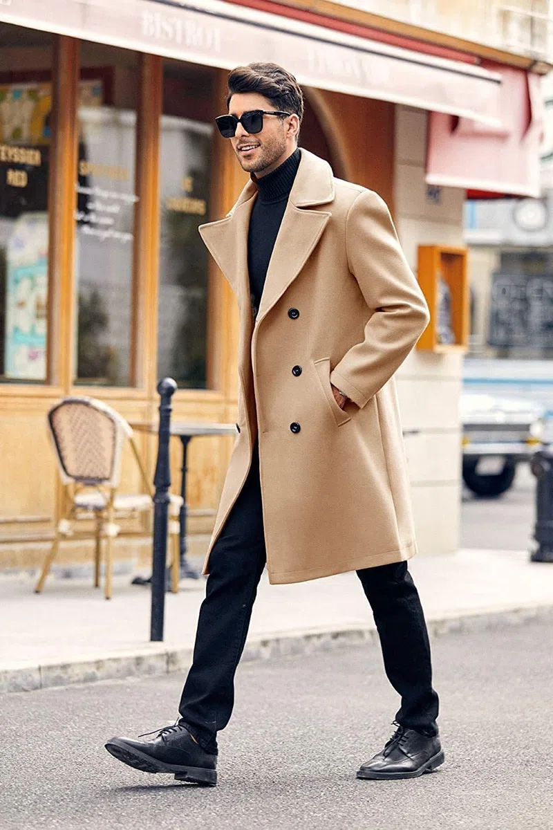 Runcati Cappotto da uomo Regular Fit Trench Cappotto Lungo Risvolto Doppio Petto Lana Business Giacca Inverno Peacoat