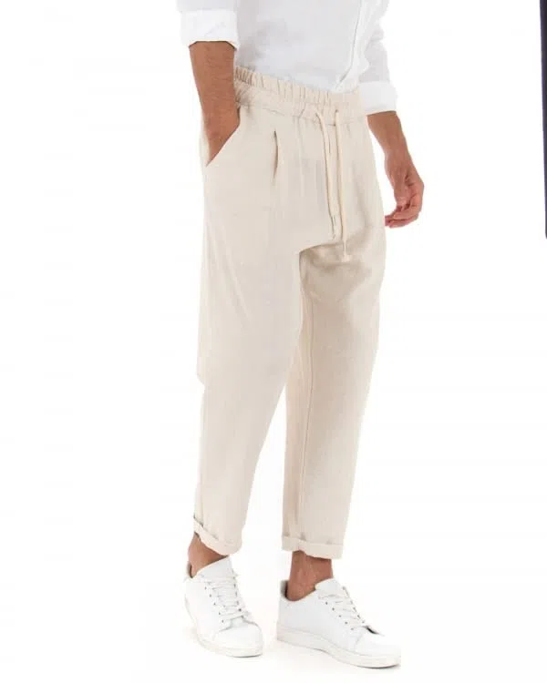 Giosal Pantalone Uomo Elastico Lino Tinta Unita Cavallo Basso Casual Vari Colori