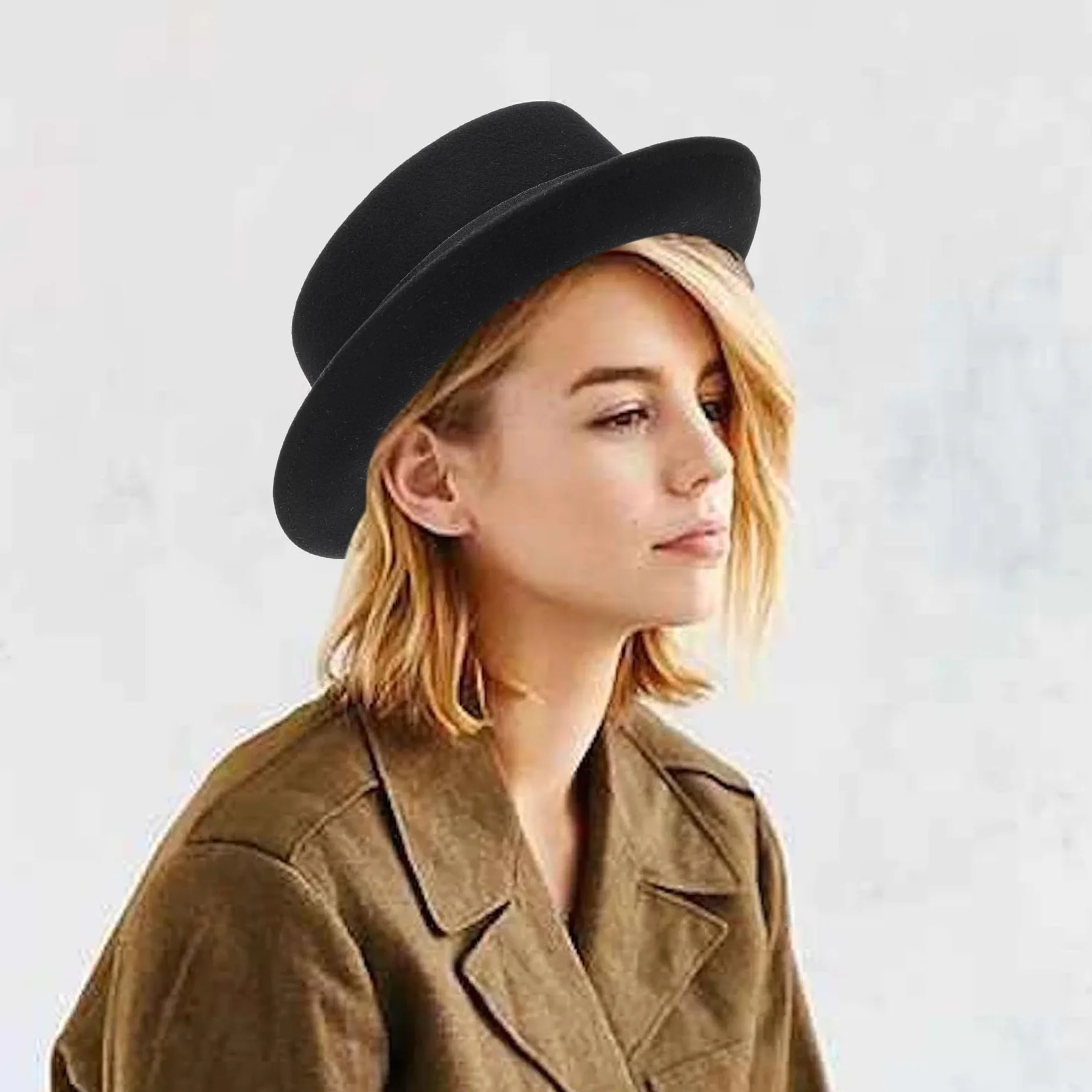 Cappello a bombetta da uomo con parte superiore piatta, in lana, stile vintage Porkpie