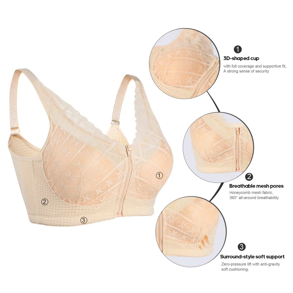 Lervanla Reggiseno per mastectomia con chiusura frontale, con cerniera, con tasca per protesi mammarie, reggiseni chirurgici quotidiani da donna