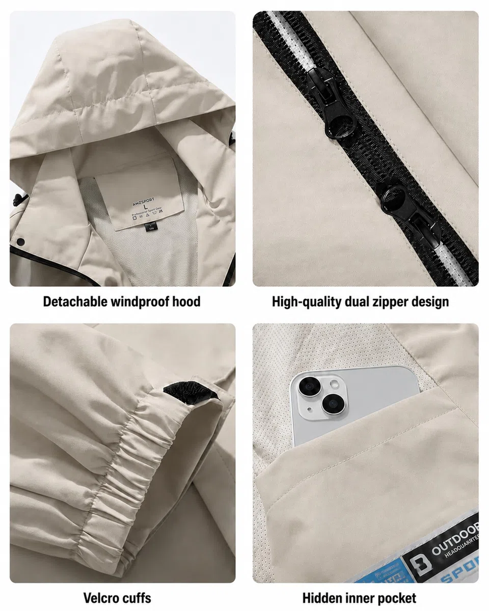 AMZSPORT Uomo Antipioggia Impermeabile Antivento con Cappuccio Leggera e Comprimibile Traspirante per Escursionismo,Corsa,Viaggi,Trekking