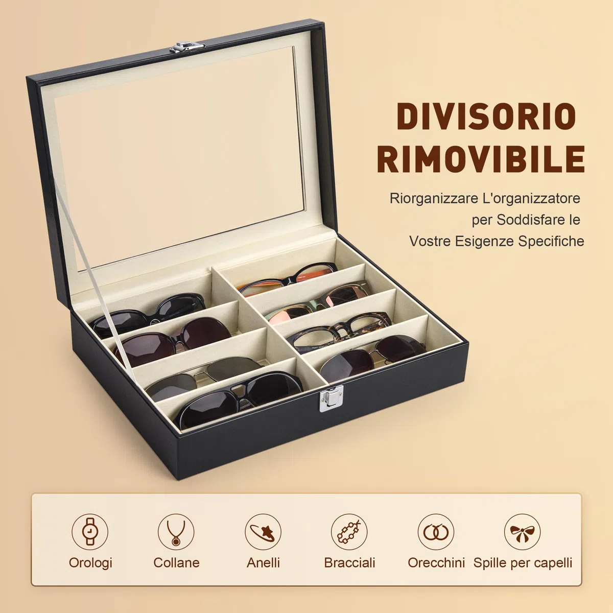 CO-Z Scatola per Occhiali da Sole in Pelle Cassettiera per Conservare e Montare Occhiali/Orologi/Gioielli/Occhiali Scatola Portaoggetti 8 Scomparti (Nero)