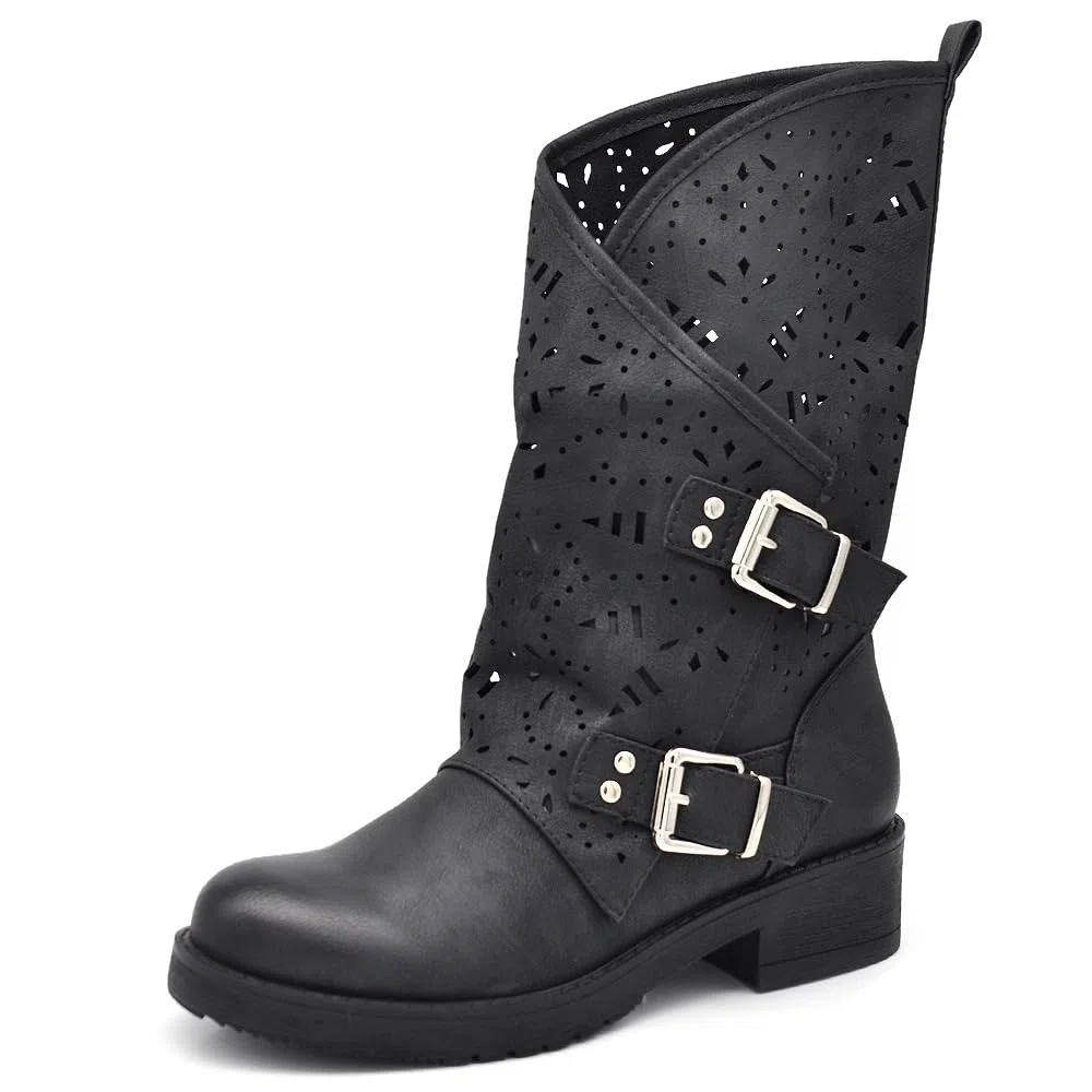 IF Fashion Scarpe Stivali da Donna Al Polpaccio Largo Biker Motociclista Con Fibbie Anfibi WZ688-66
