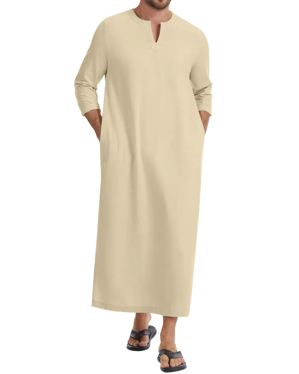 LVCBL Caftano da uomo a maniche lunghe, caftano, lungo, con tasche, universale, M-3XL