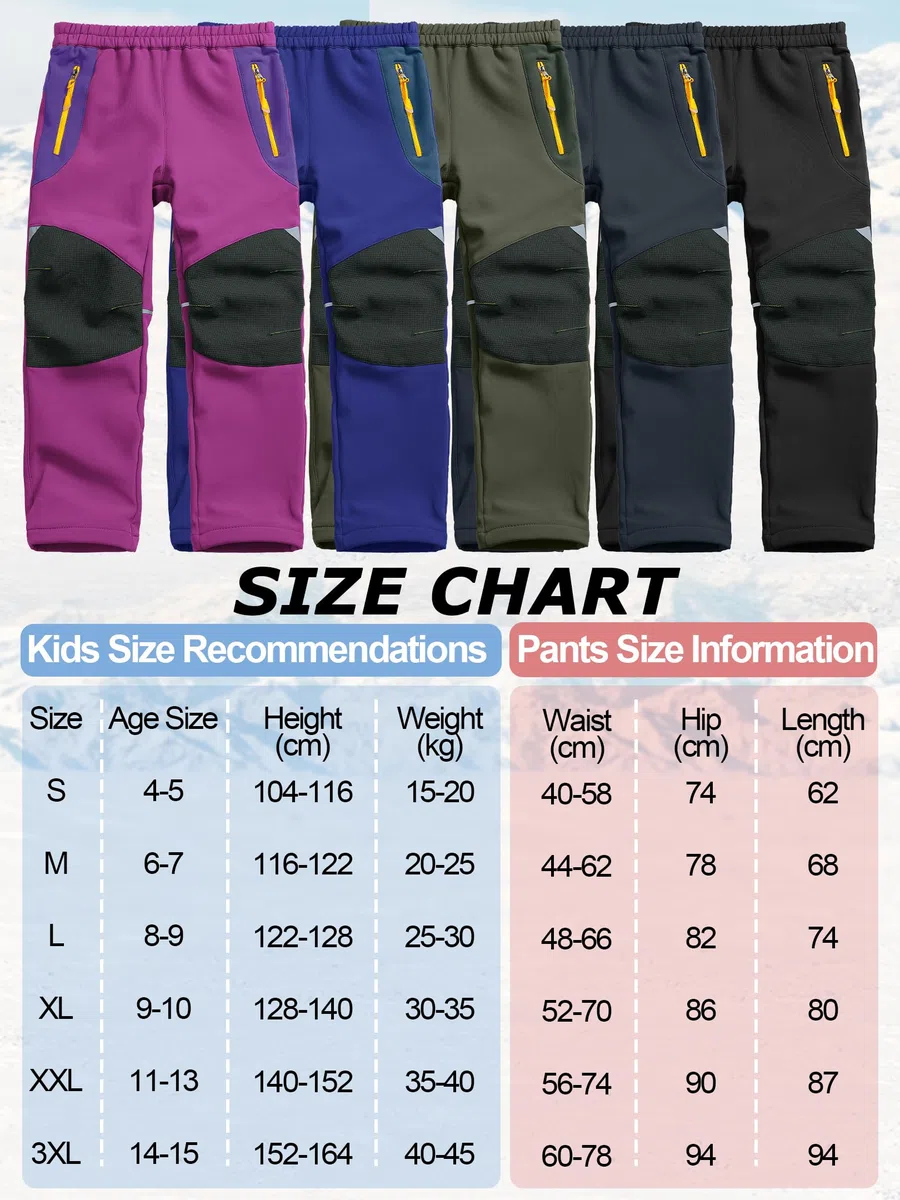 Pantaloni Softshell Bambini Impermeabili Sci Riscaldati Outdoor Termici Foderati Invernali Trekking Cargo per Ragazzi e Ragazze