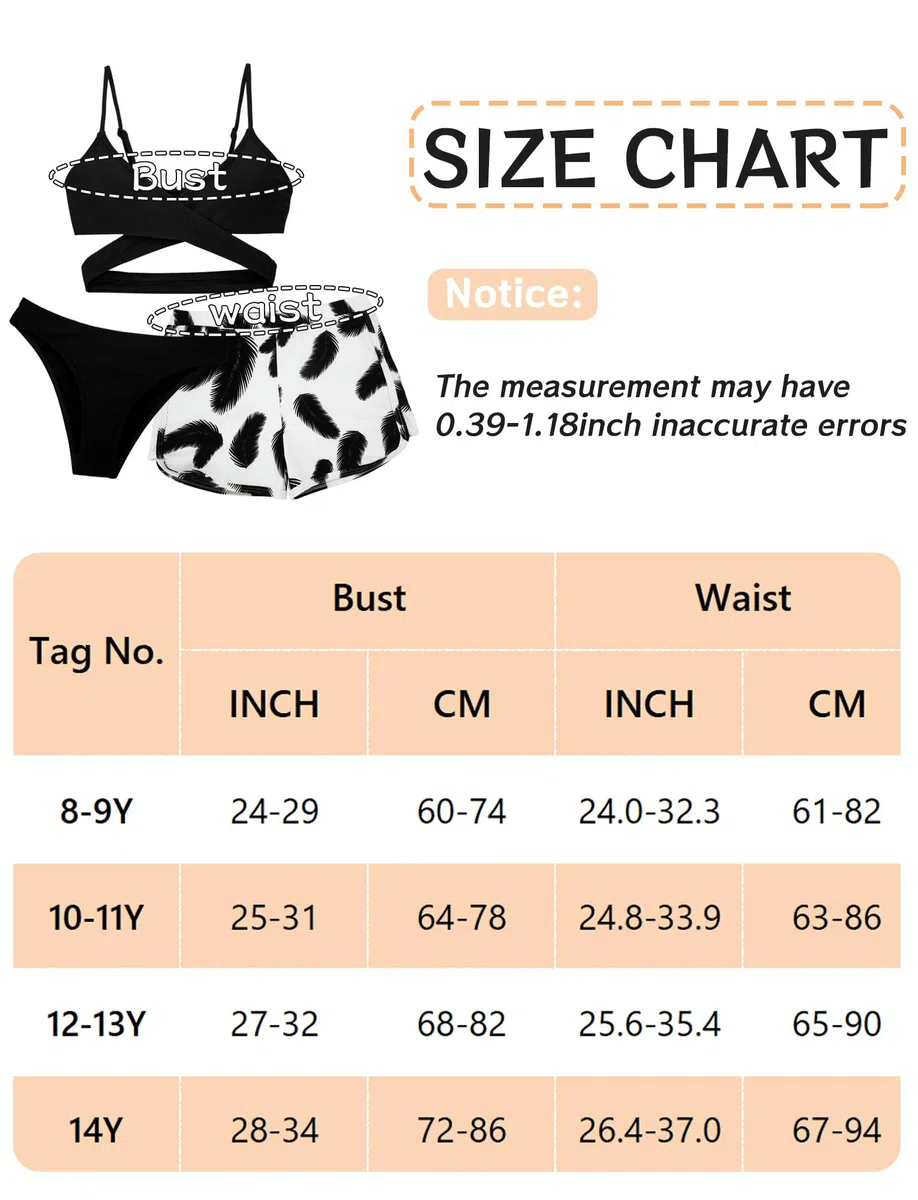 AIEOE Ragazza 3 Pezzi Bikini Stampa Tropicale Costume da Bagno con Cover Up Pantaloncini Mare Piscina 8-14 Anni