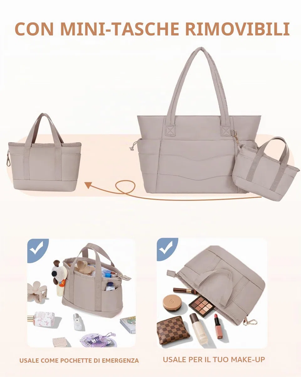 Borsa Tote Donna 2 Pezzi Puffer con Cerniera, Capiente per Laptop 15,6 Pollici & Tasca Porta Borraccia 40oz (1,18L), Borsa per Lavoro Università Viaggi e Shopping (Modello con Brevetto)
