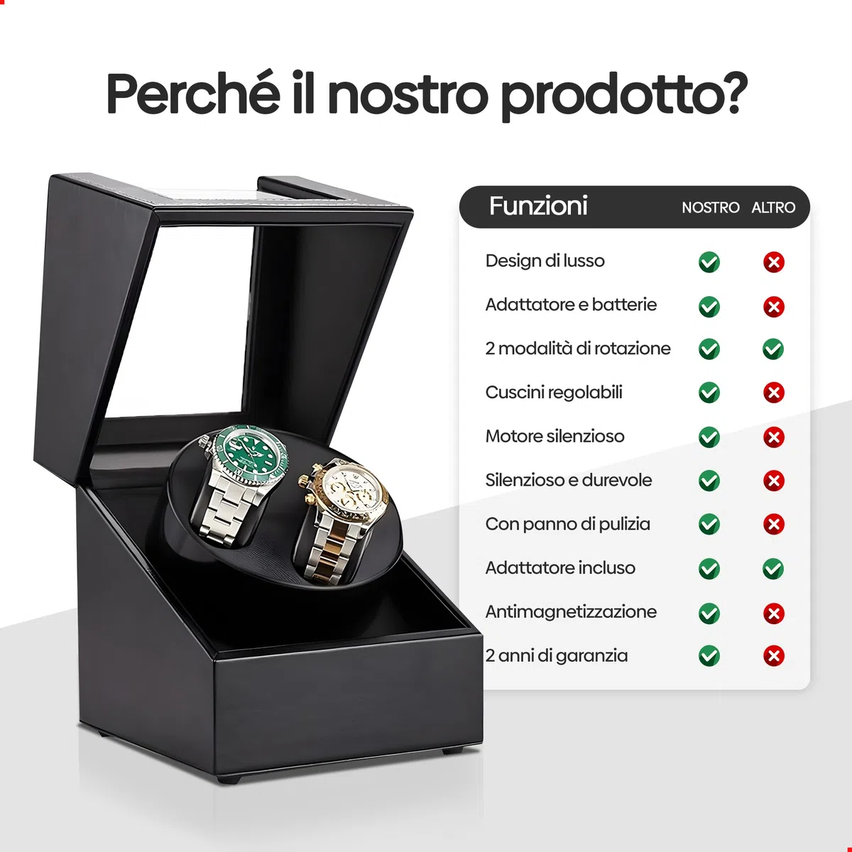 Caricatore per orologi Olvy per 2 orologi automatici, scatola carica orologi, carica orologi, motore estremamente silenzioso, cuscinetto flessibile per orologi