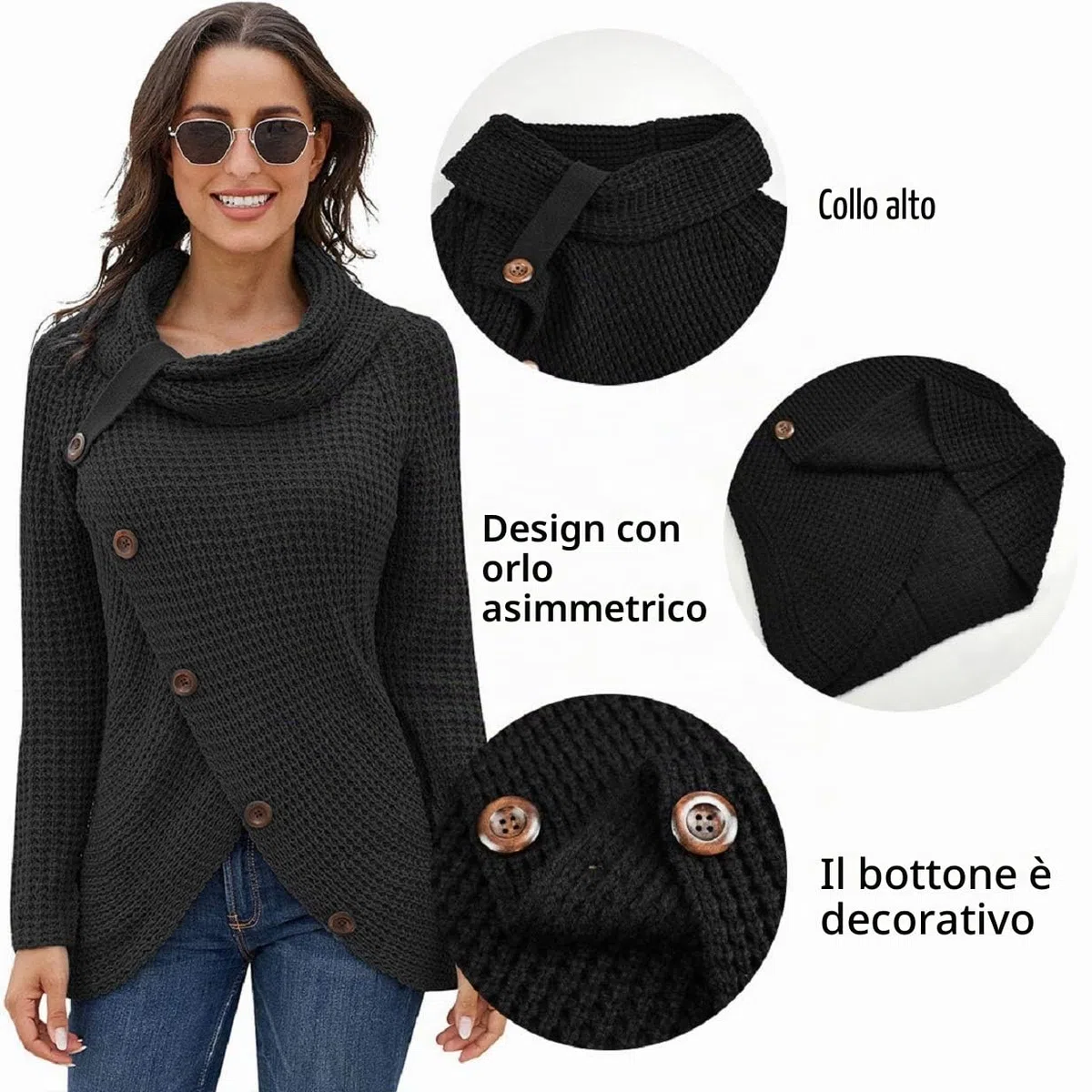 Tuopuda Maglione Donna Felpa Ragazza Asimmetrica Sweatshirt Collo Alto Pullover Elegante Casual Tops Maniche Lunghe Maglione Autunnale Invernale Primavera con Bottoni Natale
