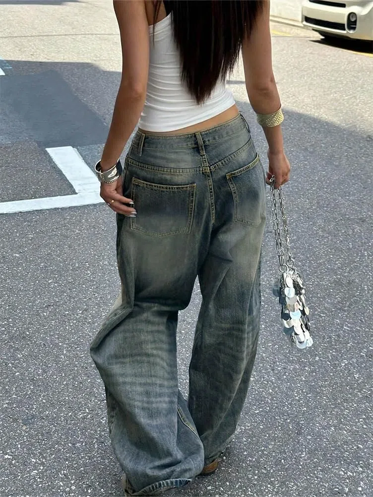 Jeans Donna Baggy Vita Alta Pantaloni Denim Larghi Pantalone Gamba Larga Y2K
