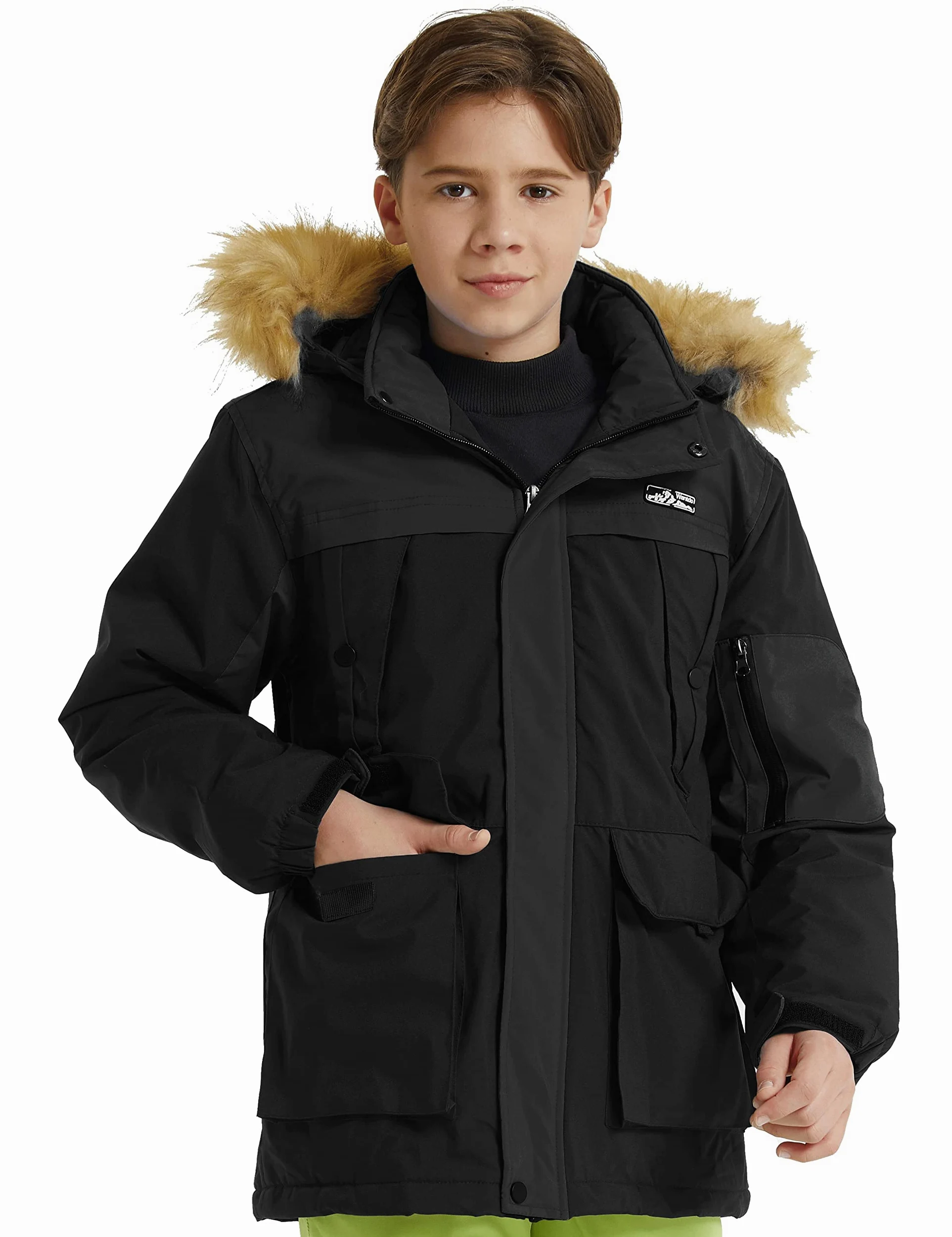 Wantdo Giacca da Sci Impermeabile Invernale Cappotto da Cappuccio Antivento Caldo Parka da Neve in Pile Morbido Bambino