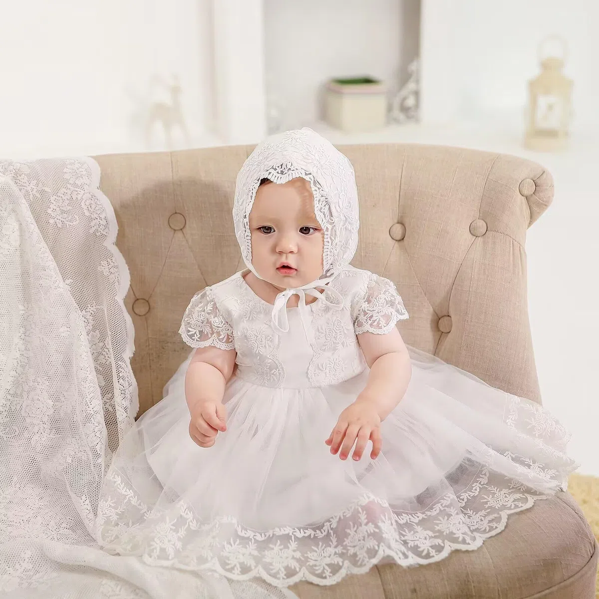 Bambine Abito da Battesimo Bianco con Cappellino Abito da Battesimo Neonato Abito in Pizzo per Matrimonio Compleanno