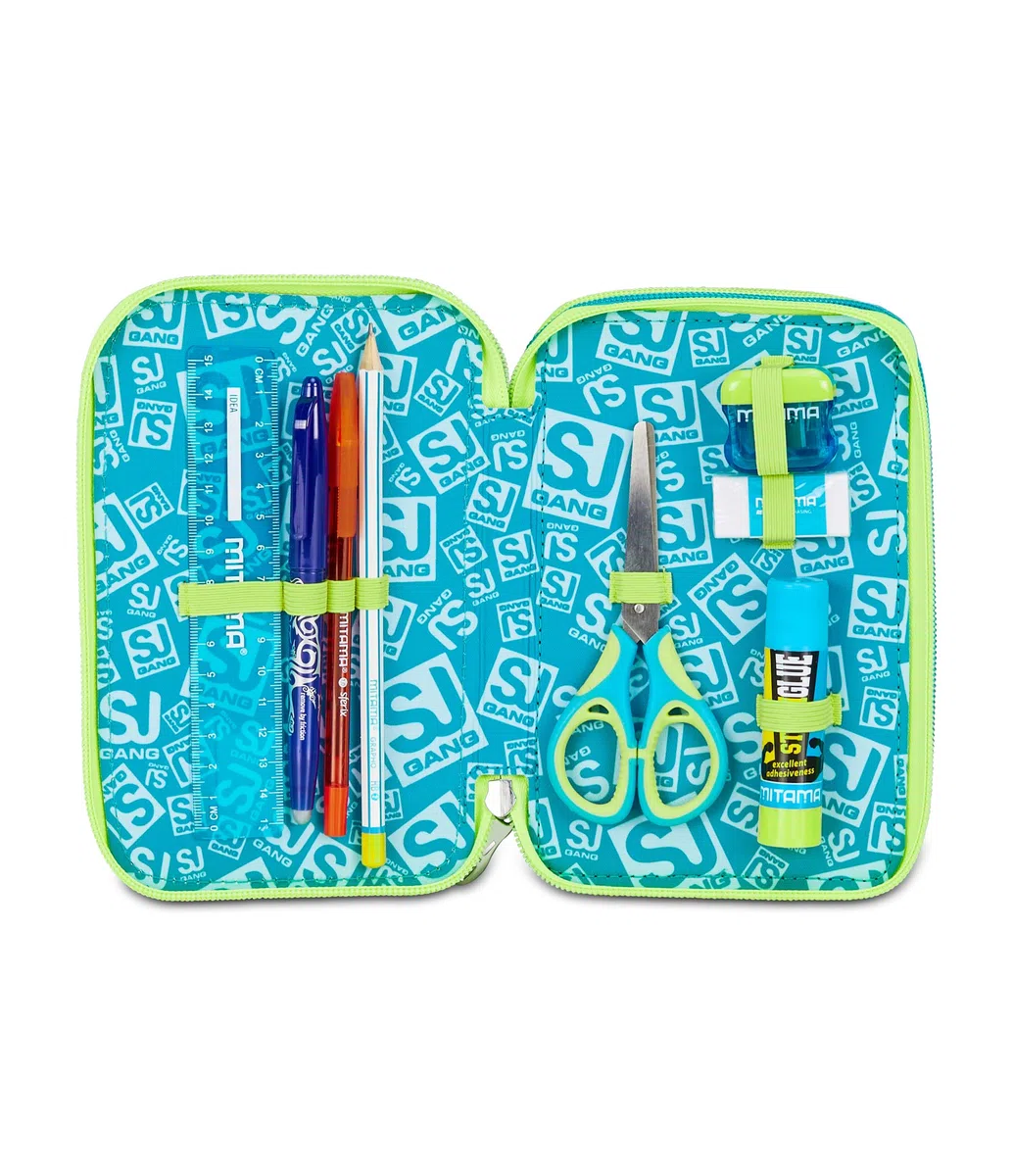 SJ GANG STYLE JAM GANG Astuccio Scuola 3 Zip, Blu, Portapenne Triplo Scomparto Completo Di Penne, Matite, Colori, Accessori Zaino, Scuole Elementari, Bambino