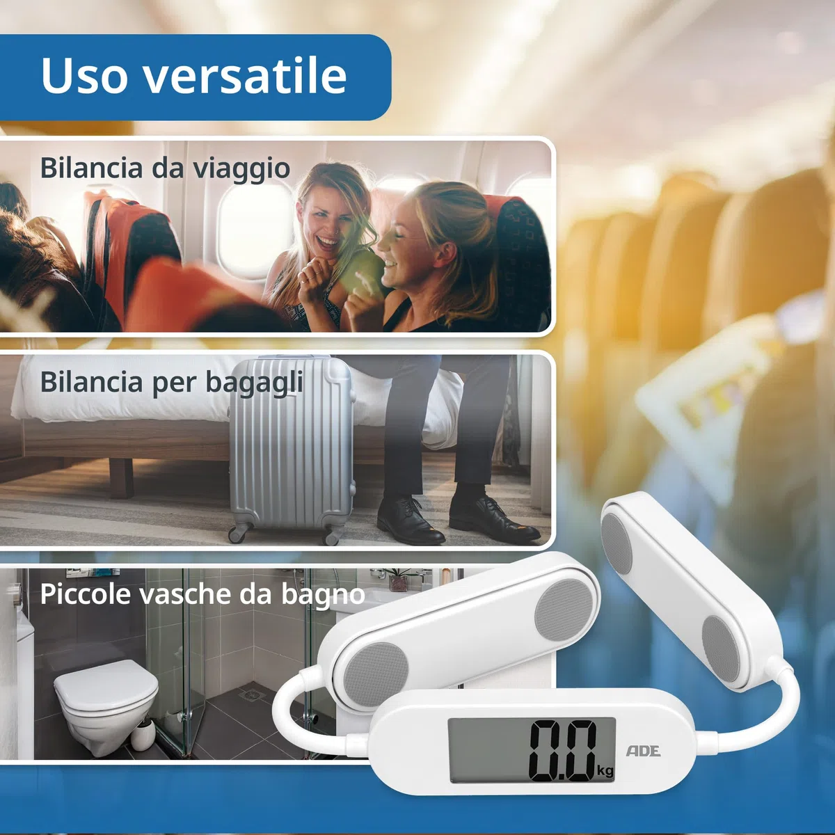 ADE Bilancia da viaggio pieghevole | Bilancia pesapersone digitale con portata di 180 kg in incrementi di 100 g | Bilancia corpo precisa con display LCD