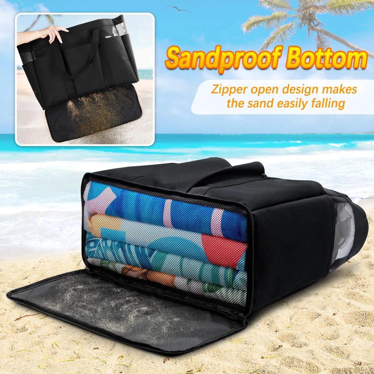 Grande Borsa da Spiaggia 45L Borsa Mare Donna Famiglia con Chiusura Zip 50x35x20cm XXL Shopper Weekender Borsone Tote Bag per Shopping Viaggio Picnic