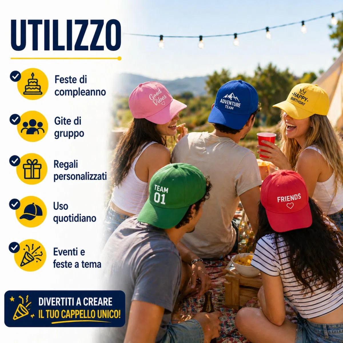 Cappello personalizzato - stampa il tuo cappello personalizzabile - 100% cotone - taglia unica - uomodonna - ideale per feste, regalo, scuola, gite e uso quotidiano.