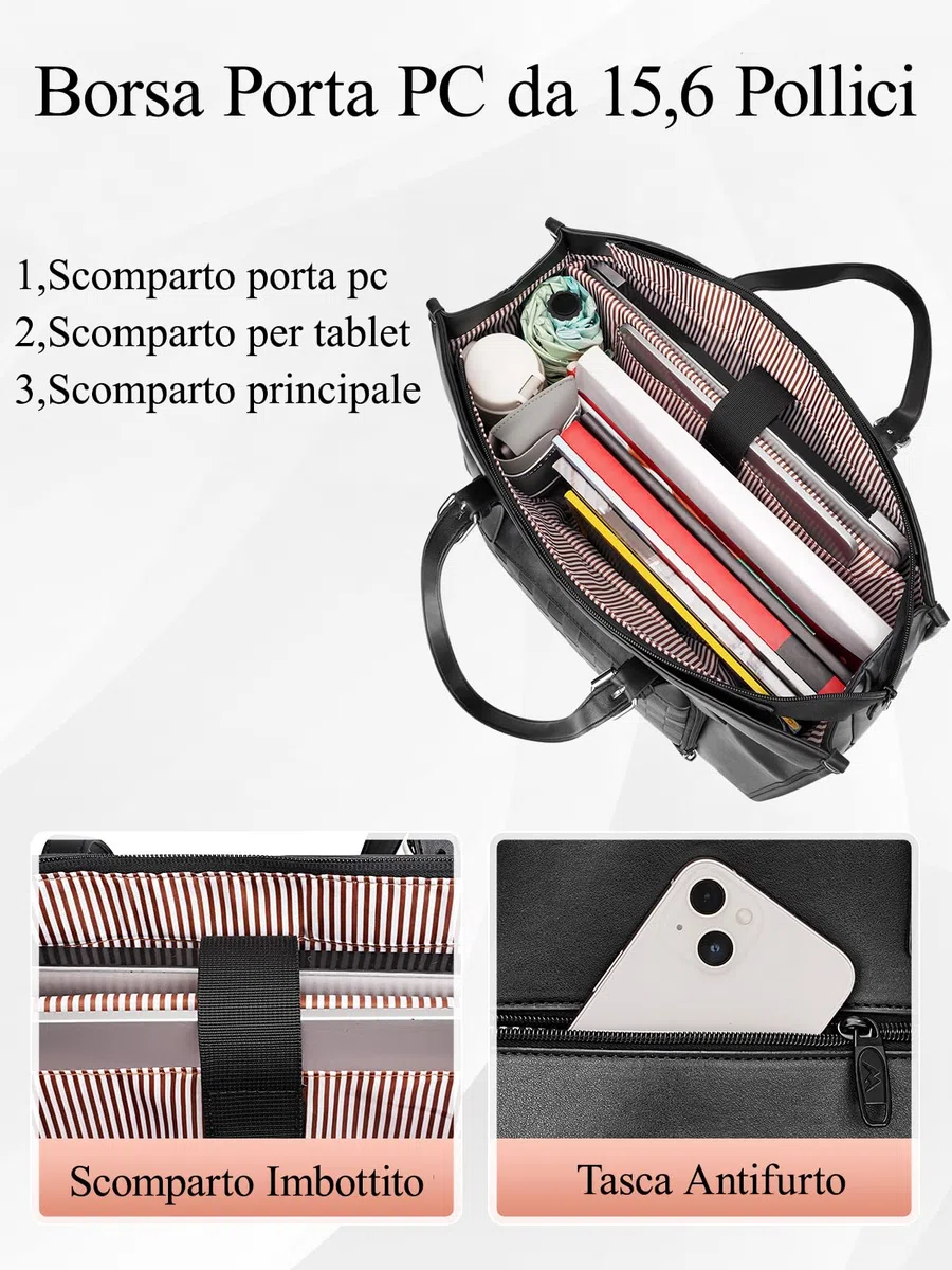 MATEIN Borsa Lavoro Donna con Scomparto Pranzo Isolato, Grande Borsa Porta PC Donna 15,6 Pollici in Pelle PU, Impermeabile Borse Tote Bag per Università, Ufficio, Shopper, Termica Porta Pranzo, Nero