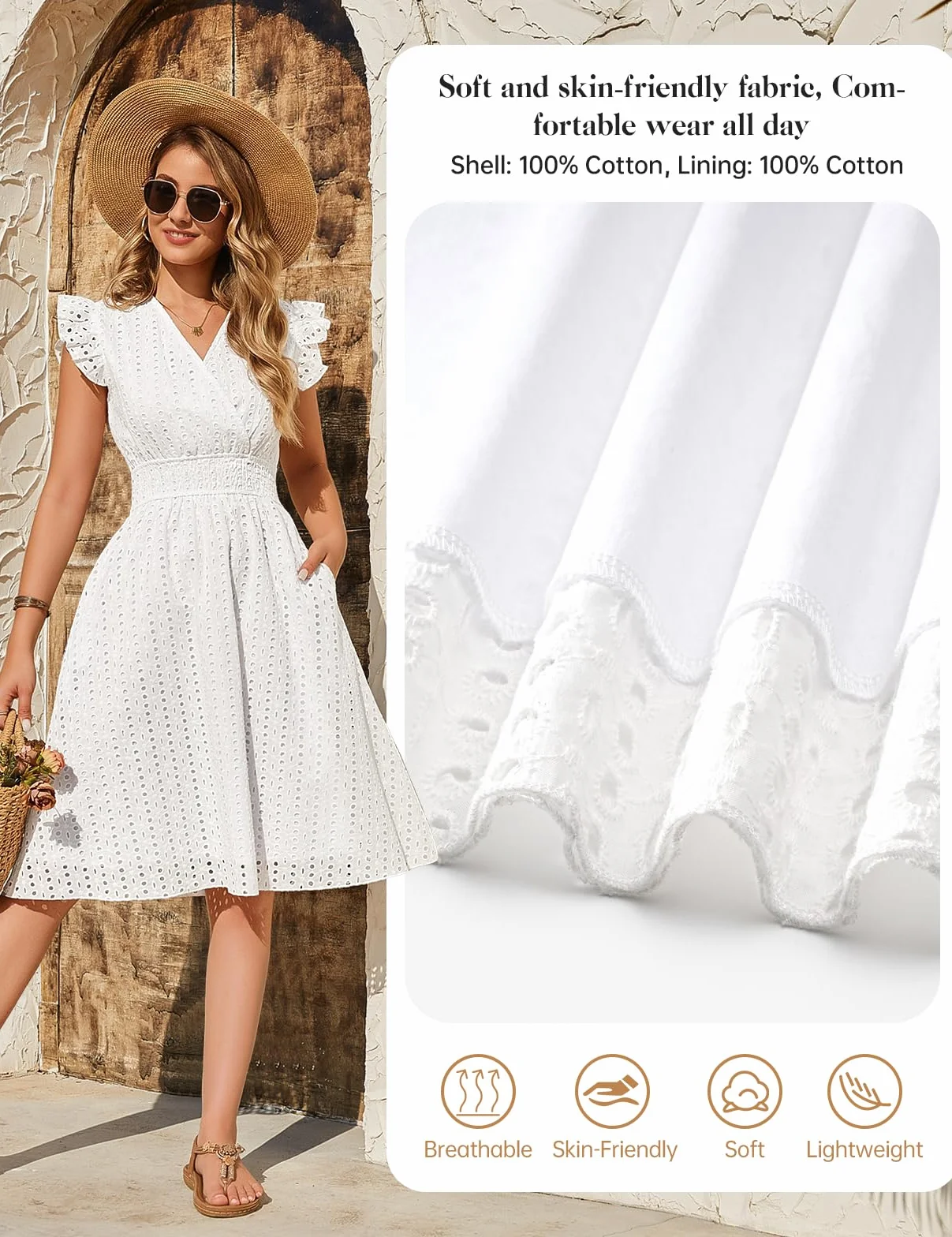 heekpek Vestito Donna Estivo Cotone Scollo a V Abito Estivo Donna Lungo Abito Senza Maniche con Volant Vita Alta Elegante Vestiti con Tasche