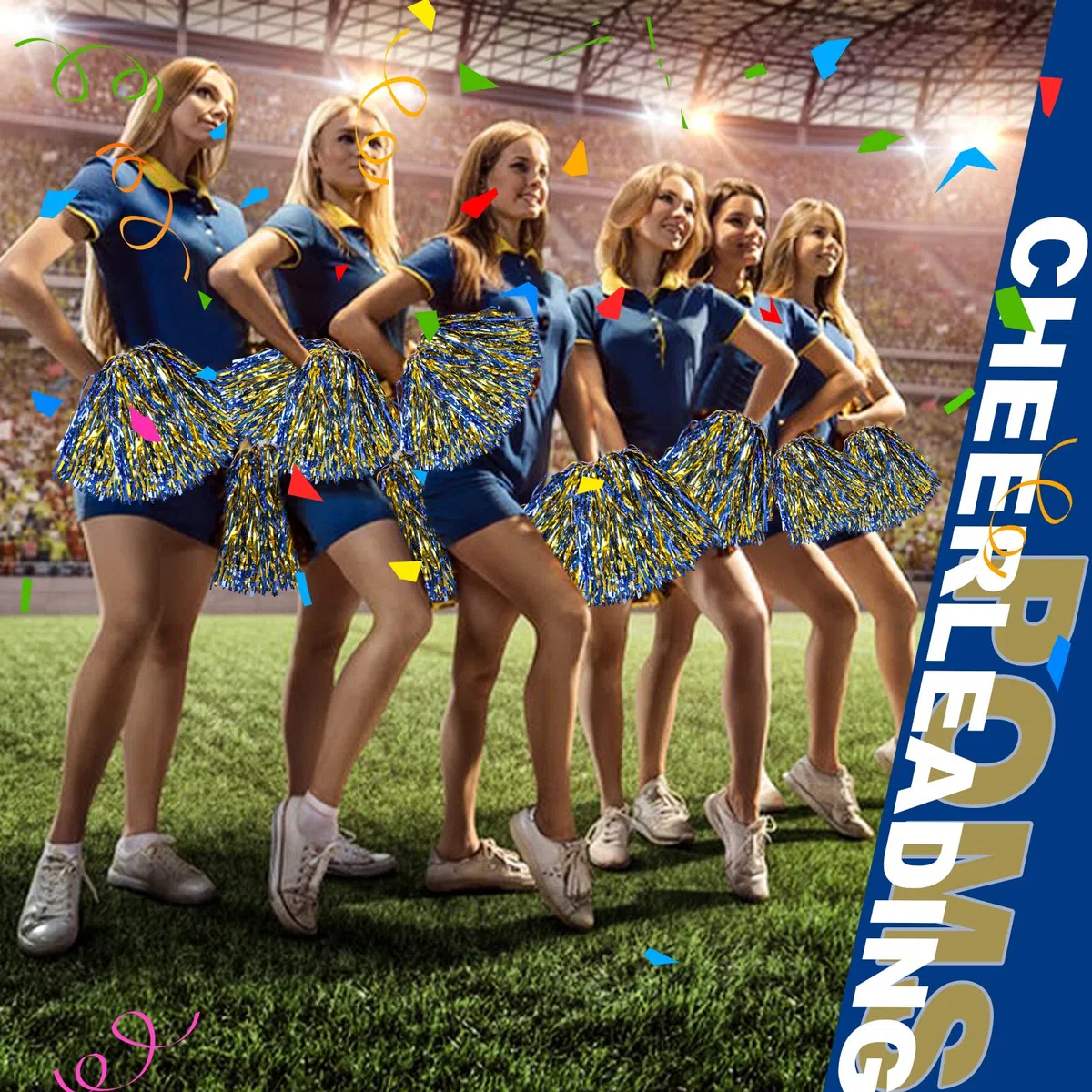 24 pompon da cheerleading metallici, per bambini, cheerleader, pom pom poms con manico per bacchetta, per adulti, squadra, sport, gioco di danza (oro e blu)