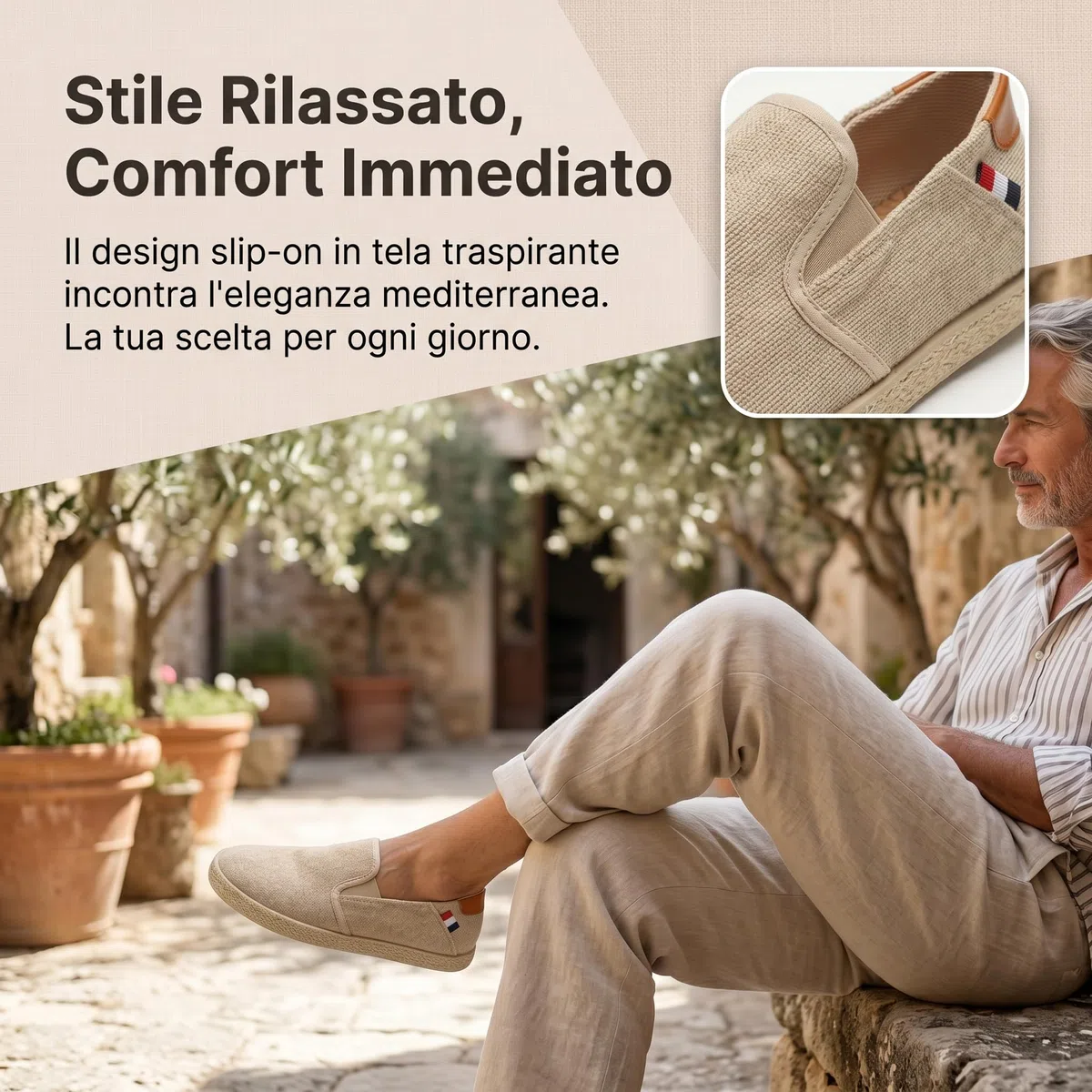 GLAMORA Espadrilles Slip on tela, vintage, look usato, effetto lino, estivo, traspirante, leggero, comodo, piatto, antiscivolo, suola flessibile