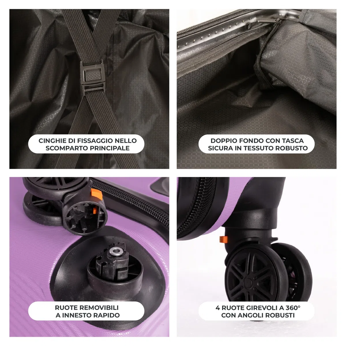 IlGruppone Trolley Bagaglio Mano Rigido 54x33x22 Piccolo Ultraleggero Valigia In Abs Con 4 Ruote Rimovibili Manico Chiusura Di Sicurezza Per Compagnie Low Cost Economy Zaino Da Viaggio - Lilla
