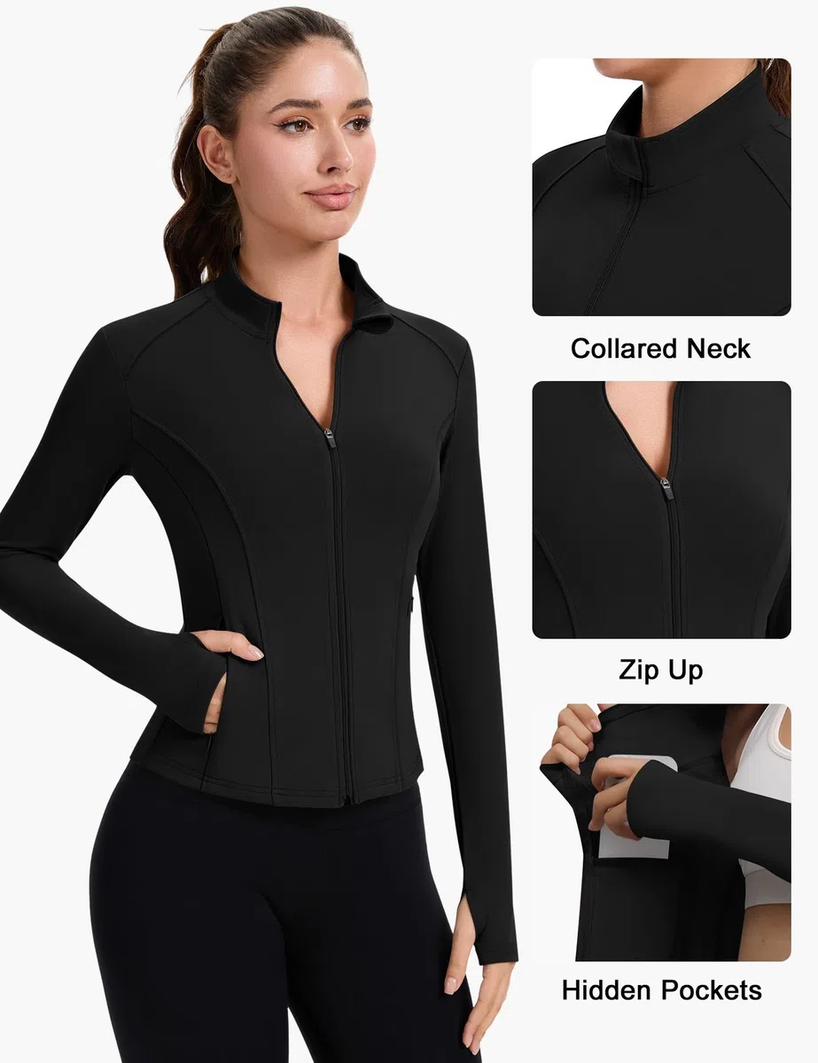 IECCP Camicie da palestra da donna Giacche sportive da corsa a maniche lunghe per allenamento fitness traspirante Activewear t-shirt leggera traspirante top da yoga con foro per il pollice e tasche