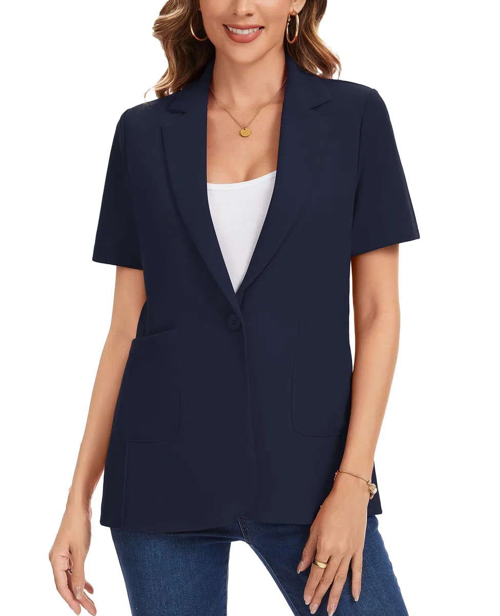 Blazer da donna a maniche corte, leggero, con risvolti a tacca e un bottone, giacche formali da lavoro casual da lavoro cappotto