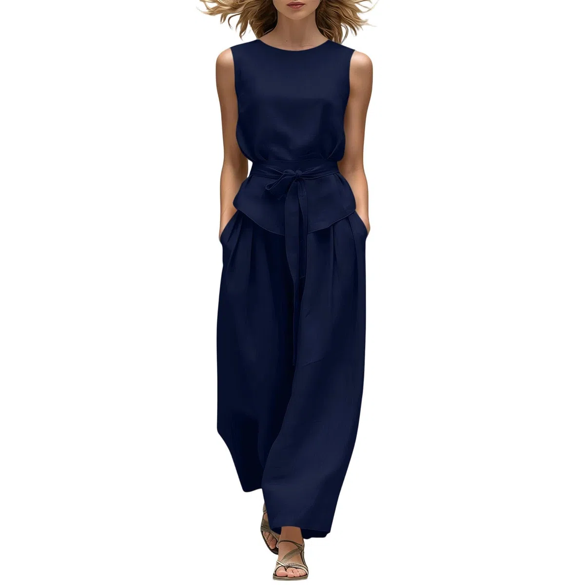 2 pezzi abiti da donna estivi casual Co Ord set girocollo senza maniche gilet top gamba larga pantaloni lunghi con tasche cravatta anteriore comfort lounge wear set slim aeroporto viaggio outfit