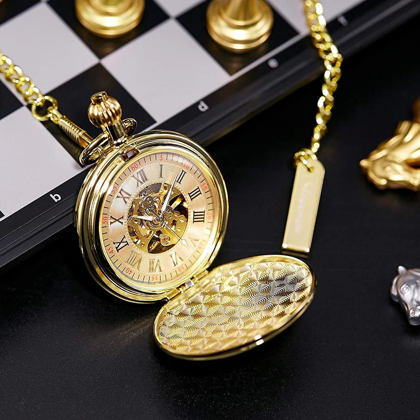 TREEWETO Orologio da tasca unisex con catena, analogico, caricamento a mano, retrò, scheletro lucido,