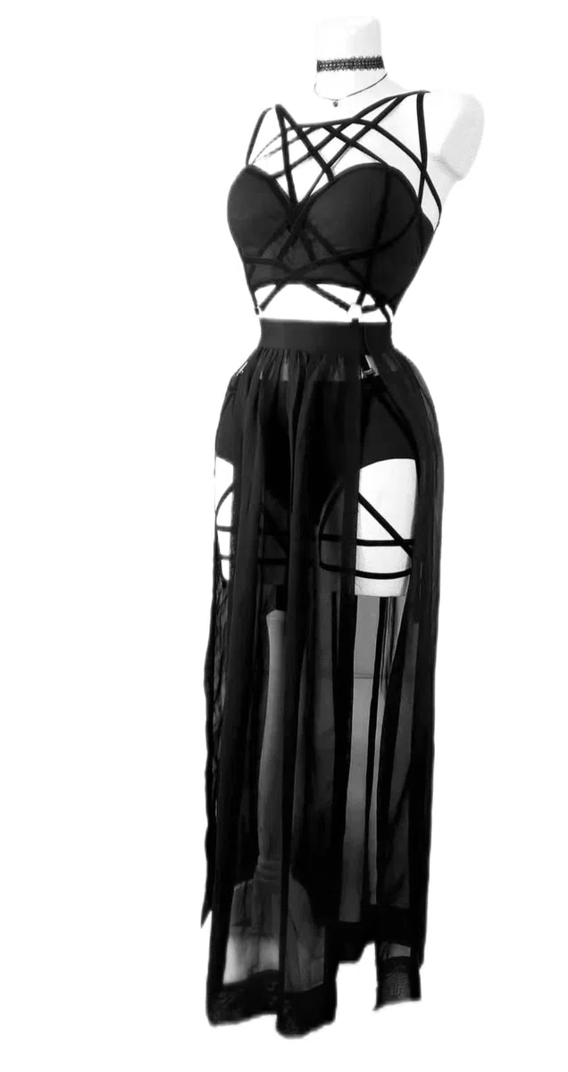 Completo Intimo Tre Pezzi con Abito con Spalline e Cuscinetti per Il Petto, Bellissima Gonna in Garza - Nero - M