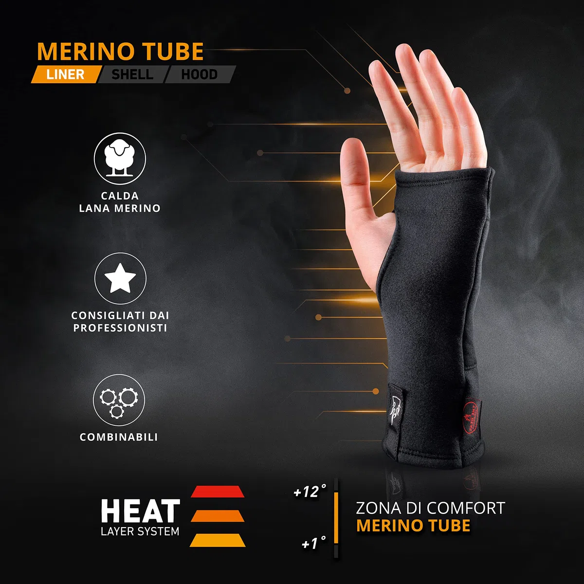 THE HEAT COMPANY - MERINO TUBE - guanti senza dita lana merino - qualità premium - guanti mezze dita per donna e uomo - guanti scaldapolsi per l'inverno - unisex
