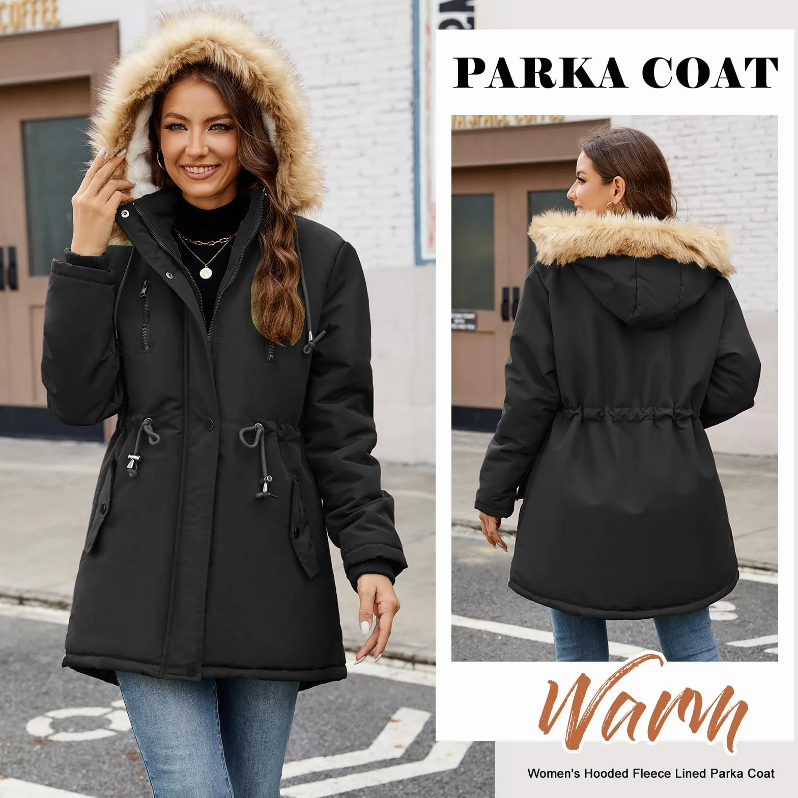 Nadeer Parka Donna Cappotti Invernali Foderato in Pile Giacca con Cappuccio in Pelliccia Sintetica Cappotto Imbottito Giubbotto con Tasche