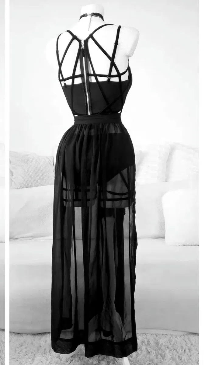 Completo Intimo Tre Pezzi con Abito con Spalline e Cuscinetti per Il Petto, Bellissima Gonna in Garza - Nero - M