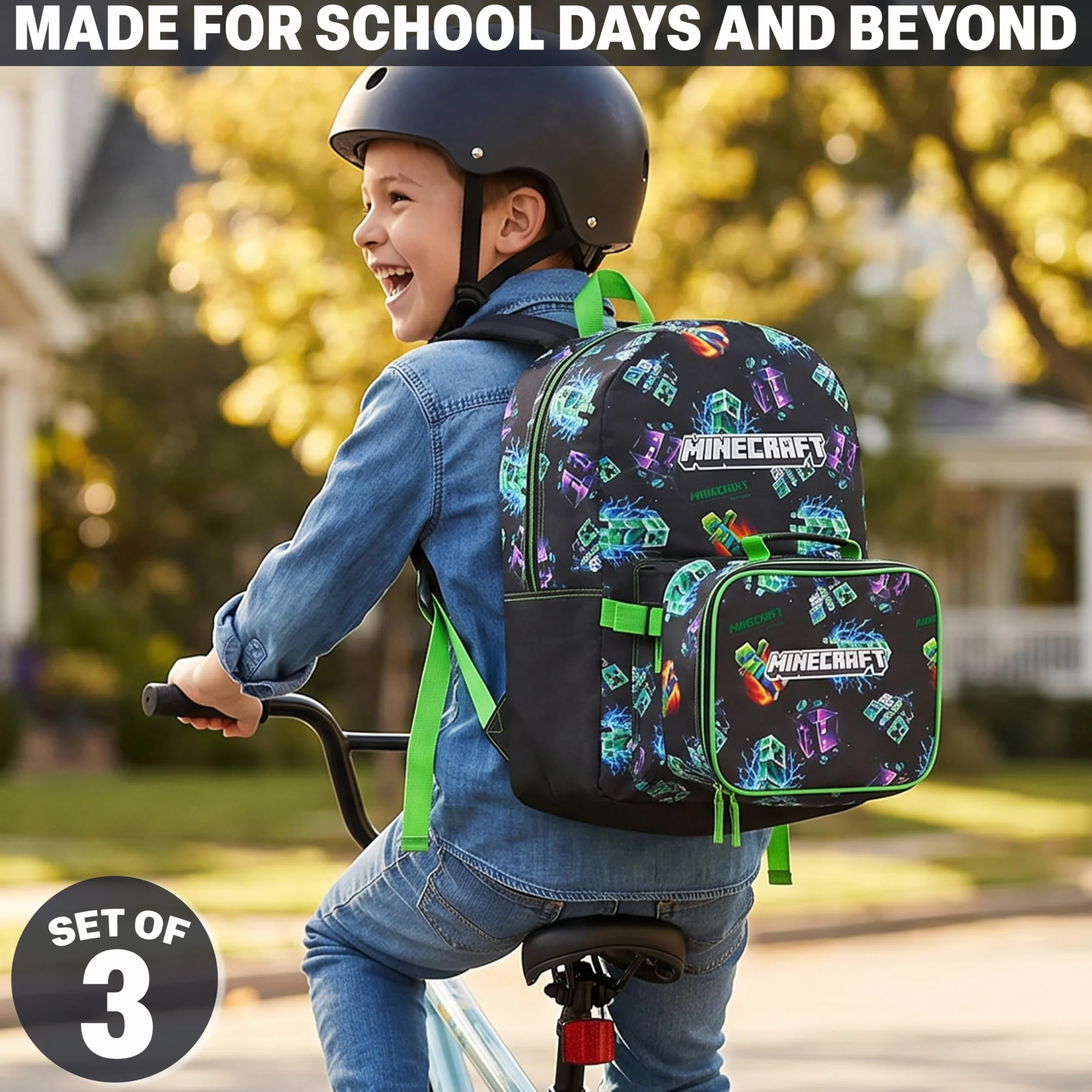 Get Trend Minecraft 3 Pezzi Capiente Zaino Ragazzo Set con Borsa Termica Porta Pranzo e Astuccio 2 Scomparti per la Scuola e il Tempo Libero (Multi Creeper)