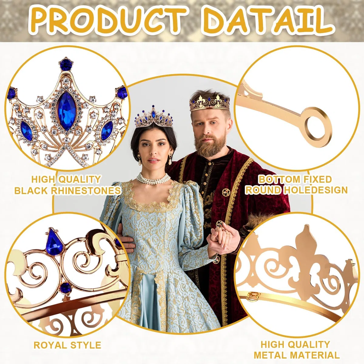 Set di 2 corone da ballo per re e regina da uomo, corona reale con strass blu, corone da donna, tiara, copricapo, per matrimoni, Halloween, feste di ritorno a casa, decorazioni per feste